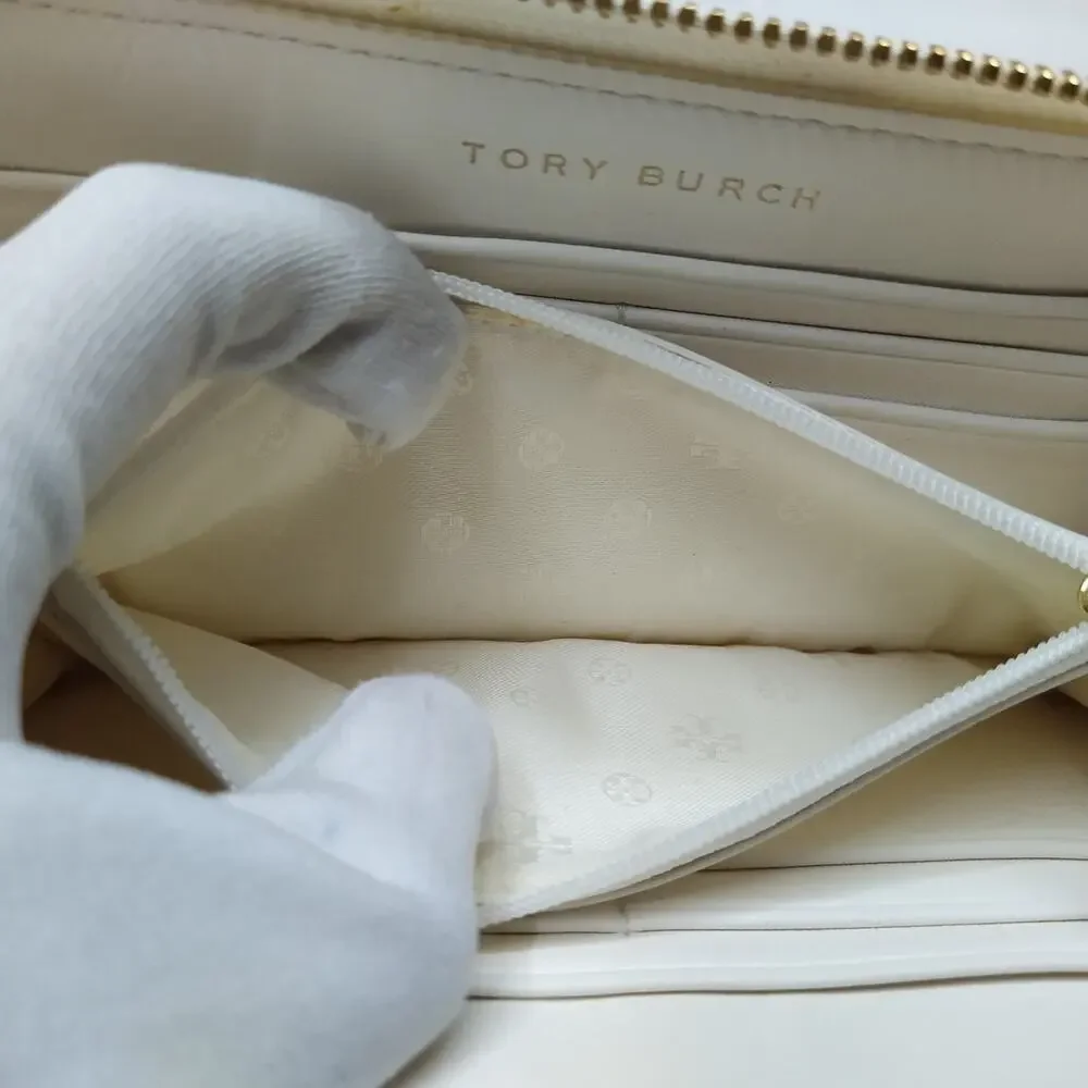 Tory Burch Gemini Ivory Gray Coated Canvas Link Stripe Zip Around Wallet